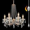 DIMMABLE Plug in Chandelier 6 Light Crystal (BULBS INCLUDED), with 19.68ft Long Plug in Clear Cord, Champaign Gold E12 Glass Hanging Ceiling Pendant Lights for Dining Living Room Bedroom Entryway
