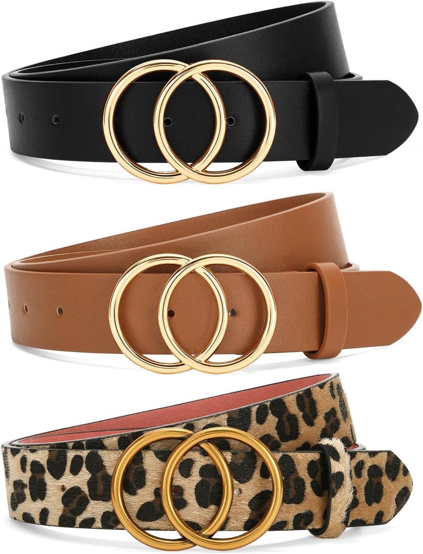 SANSTHS 3 Pack Women Waist Belts for Jeans Pants Dresses, Ladies Belt with Double O-Ring Gold Buckle