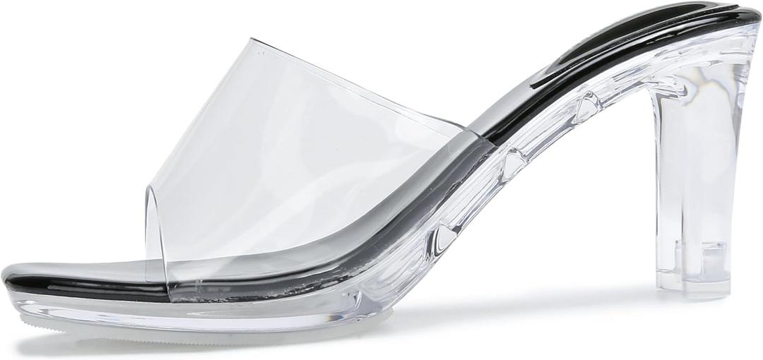 NBUUNBU Chunky Heels for Women Clear Platform Heels Sexy Block High Heels Sandals Square Toe Open Toe Transparent Strap Comfortable Dress Shoes Slip on Mules (11, Black)