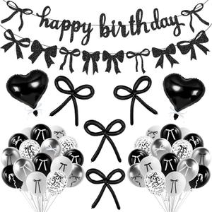 3 x 50 Pcs Black Bow Birthday Party Decorations Glitter Black Happy Birthday Banner Bow Garland Heart Balloons Girls Bow Themed Party Decor for Women Birthday Party Supplies