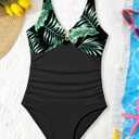 Girls One Piece Swimsuit Cut Out Ruffle Bathing Suit Twist V Neck Swimwear Solid Color with Cover Up Skirt 7-16T (Black)