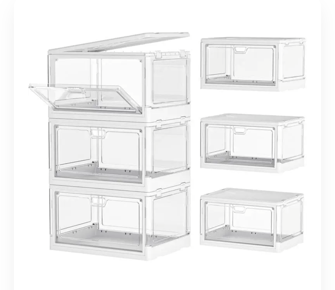 Clear Storage Bins with Lids, Stackable Storage Bins with Magnetic Doors Open Front, Plastic Storage Bins for Living Room, Bedroom, Study Room and Office, 3 Packs, 24QT