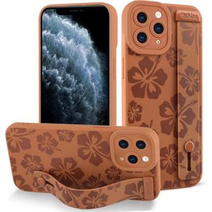 Fiyart Designed for iPhone 11 Pro Max Case Cute Flowers with Strap Soft TPU Phone Cover Protective Camera Lens Protection for Women Men Floral Bumper with Stand 6.7"-Brown