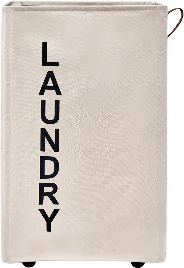 92L Large Laundry Hamper with Leather Handle,Standable Laundry Basket with Wheels ,Large Hamper,Rolling Laundry Basket White (Super Large 27.5", Beige/XXL)