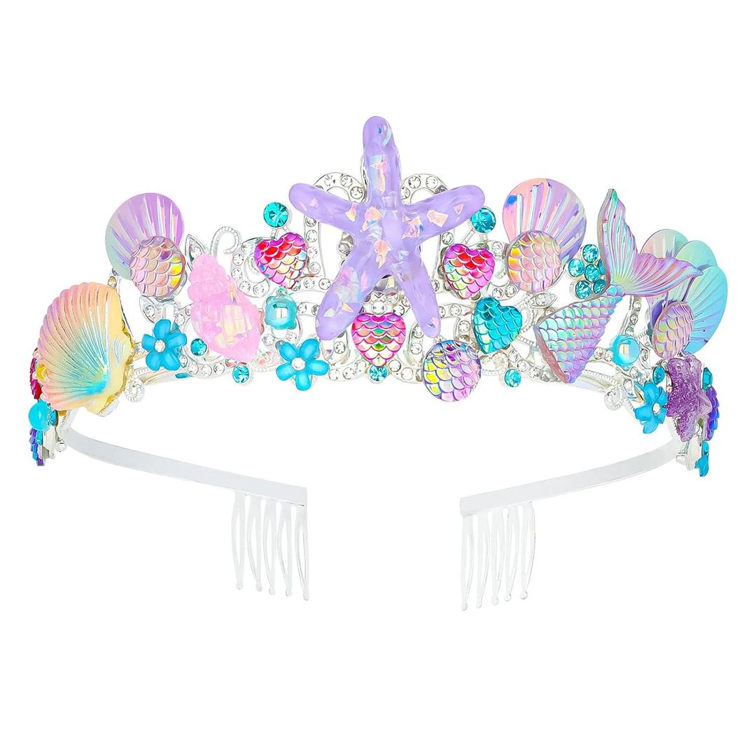 CAVETEE Mermaid Birthday Crown, Mermaid Rhinestones Tiara Mermaid Party Tiara Birthday Party Crown for Women, Party Favor Hair Accessories for Birthday Prom Theme Party Halloween, Pink