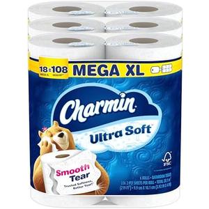 Charmin Ultra Soft Toilet Paper, 18 Mega XL Rolls = 108 Regular Rolls