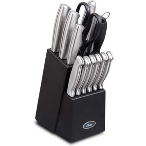 Oster Baldwyn 14 Piece Stainless Steel Cutting Kitchen Knife Cutlery Set with Swivel Block Holder and Knife Sharpener, Brushed Satin