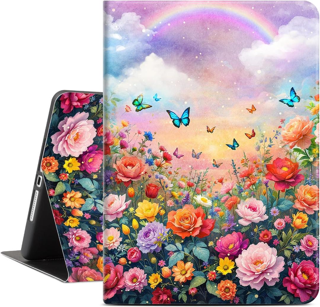 Lokigo Case for iPad 9th/8th/7th Generation (2021/2020/2019) 10.2 Inch, Protective iPad 10.2 Case Soft TPU Back for iPad Cover 9th Generation, Adjustable Multi Viewing Stand, Colord Flowers