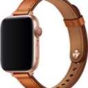 OUHENG Slim Bands Compatible with Apple Watch Band, Women Genuine Leather Replacement Thin Strap for iWatch SE 3/2/1 Brown/Rose Gold, 38mm/40mm/41mm/42mm-series 11 10