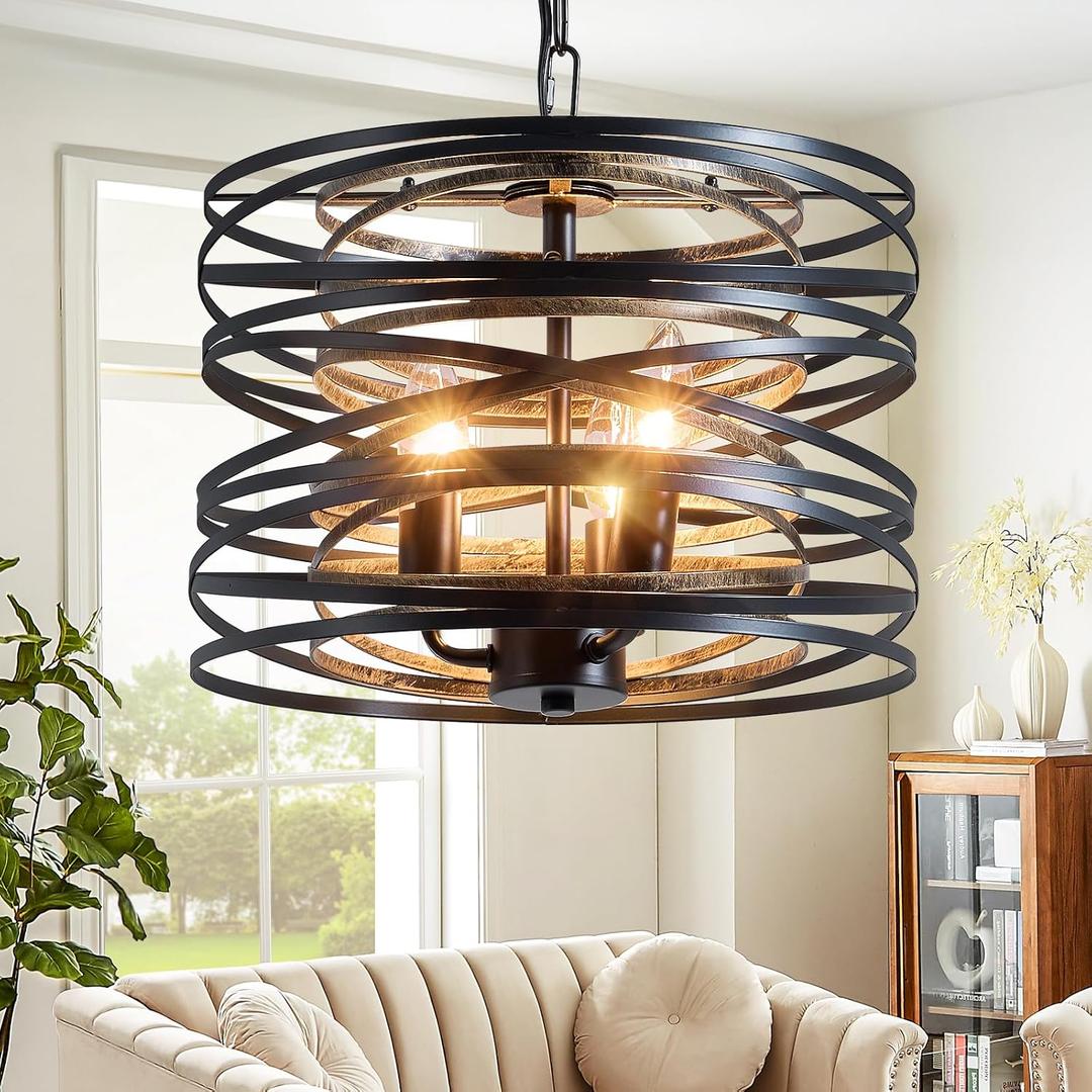 Black Farmhouse Chandelier for Dining Room 12.6" Metal Spiral Pendant Light Fixture 3 Light Rustic Industrial Hanging Chandeliers for Kitchen Foyer