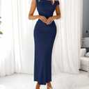 BTFBM Women 2025 Summer One Shoulder Bodycon Ruched Maxi Dress Slit Mesh Long Formal Cocktail Fall Wedding Guest Dresses (Blue, L)