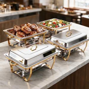 4-Pack 9-Quart Stainless Steel Rectangular Chafing Dishes for Buffets | Chafing Dish Set with Rolled Edges, Water Pan, Food Warmers for Party Buffets, Birthdays, Holiday Parties, Events and Weddings