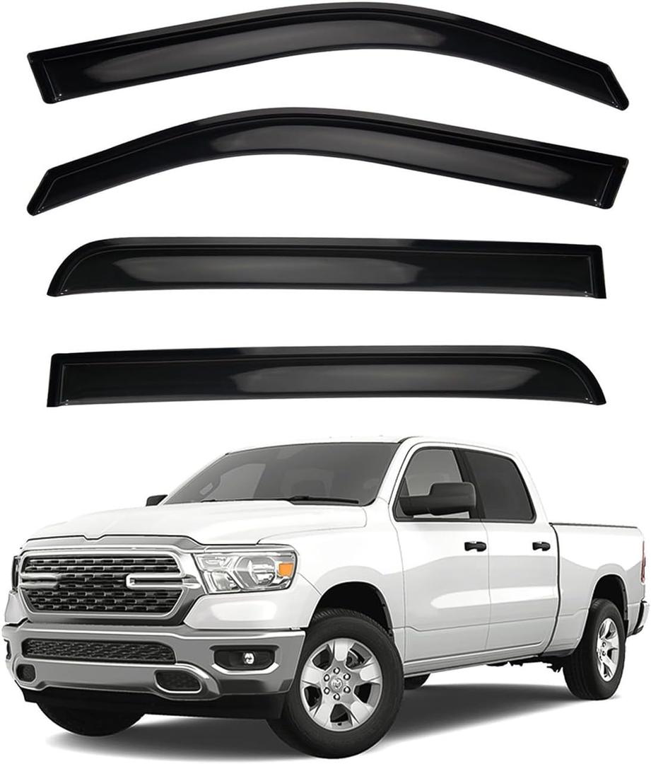 4pcs Smoke Tint Sun Rain Guard Vent Window Visors Compatible with 2019-2024 Ram 1500 New Body Crew Cab with 4 Full Size Doors, Outside Mount Tape On Style Acrylic Set of 4 Front+Rear