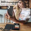 for Wallet Case Compatible with iPhone 15,Multi-Function Detachable 2 in 1 Magnetic iPhone 15 Wallet,Flip Strap Zipper Card Holder Phone Case with Shoulder Straps (Black)