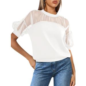 PRETTYGARDEN Women's 2025 Summer Crew Neck Short Sleeve Shirts Lace Going Out Sheer Mesh Crop Tops Dressy Casual Blouses (White, L)