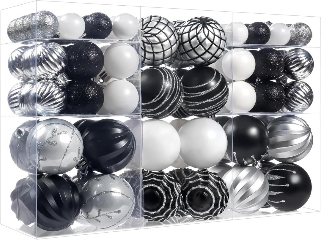 100Pcs Black Silver White Christmas Ball Ornaments Set for Tree, Assorted Shatterproof Christmas Decorations, Hanging Decor for Xmas Tree Holiday/Party/Home (Black & White & Silver)
