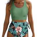 Dokotoo Two Piece Swimsuit for Women Tropical Print Fashion Crewneck Racerback Sexy High Waisted Swimsuits, Green Small