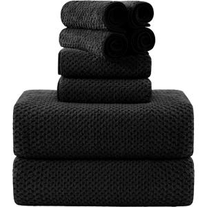 8-Piece Bath Towel Set, 2 Extra Large Bath Towel Sheets, 2 Hand Towels and 4 Washcloths - Highly Absorbent Quick Dry Microfiber,Ultra Soft Towel Set for Bathroom,Waffle Weave Design, Pack of 8 (Black)