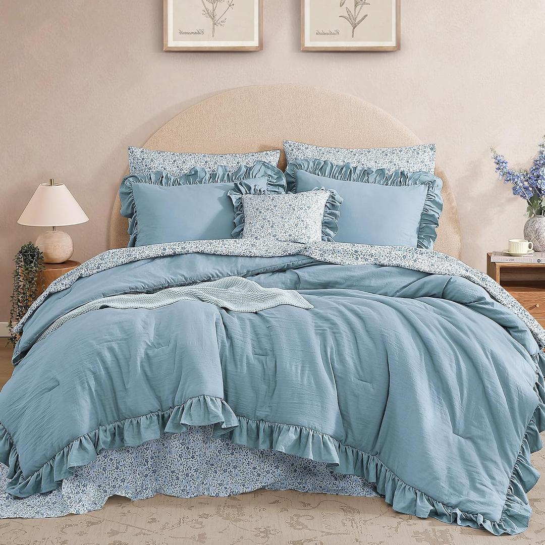 BLOOMHAVEN King Comforter Set - 7 Pieces Ruffle Blue Bedding Sets, Shabby Chic Farmhouse Bed in a Bag King with Ruffle Comforter, Floral Sheets, Pillowcases & Shams