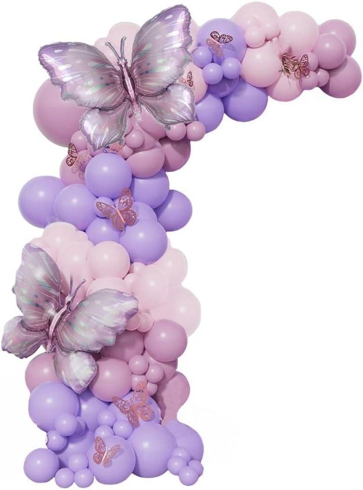 Uniquer Butterfly Theme Balloon Arch Kit, Pink Purple Latex Balloons Garland Kit with Purple Butterfly Shape Foil Balloon, Girl Birthday Party Decorations