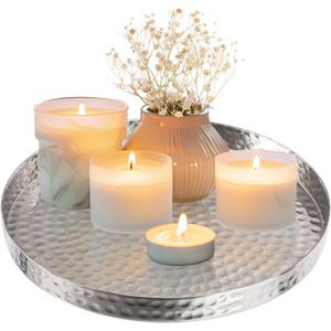 11 Inch Hammered Silver Small Serving Tray, Circle Round Candle Plate Decorative Tray, Aluminum Vanity Tray for Jewelry, Make up and Perfume, Food Display Coffee Table- Handcrafted in India