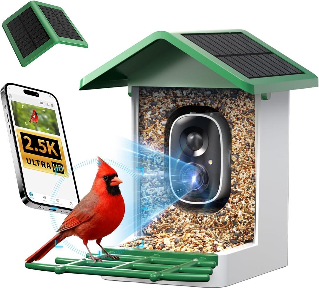 IsYoung Smart Bird Feeder with Camera, 2.5K QHD, AI Identify 16000+ Birds,Dual Solar Panel, AI Auto-Capture & Motion Detection, IP65 Weatherproof,170 Field of View, Perfect Bird Watching Gift (Green)
