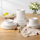 GBHOME Stoneware Dinnerware Sets for 4, 12 Pieces Lightweight Ceramic Ribbed Plates and Bowls Set, Reactive Glaze Stackable Plate Sets, Scratch Resistant Dishes, Microwave & Dishwasher Safe,White