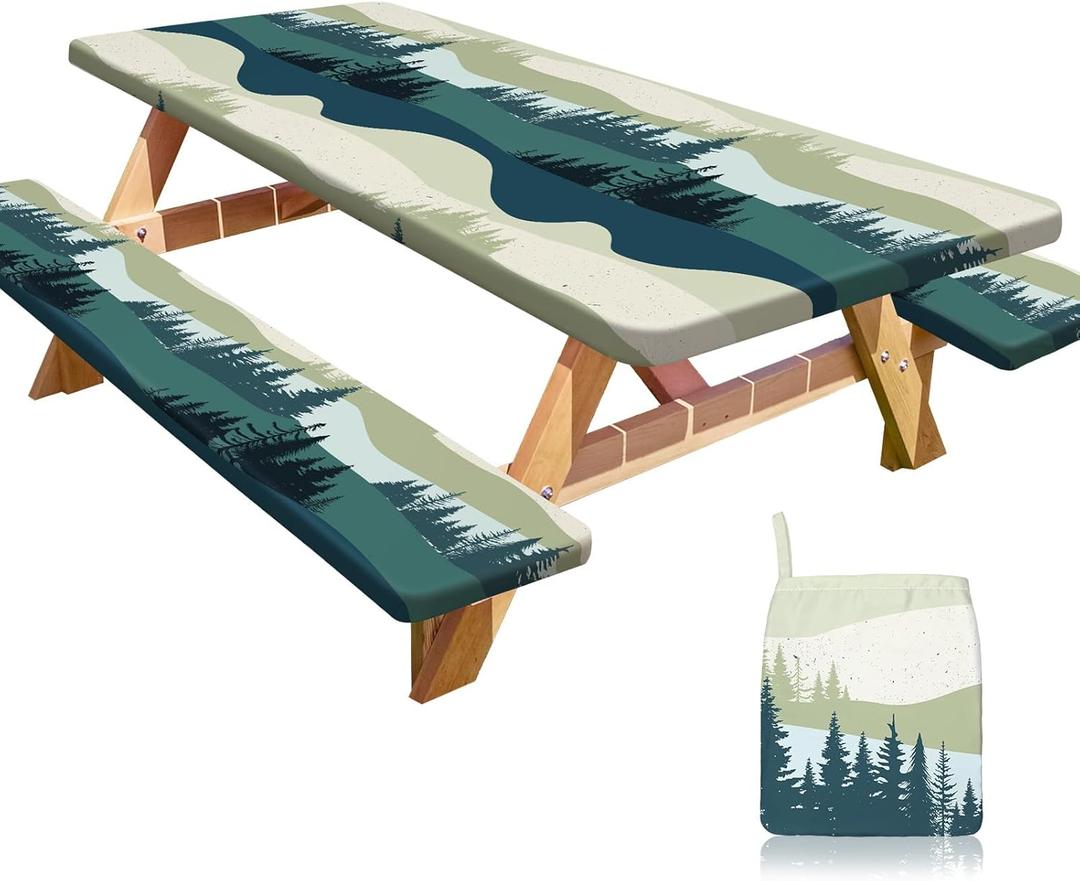 Picnic Table Cover with Bench Covers Portable Table Cloth Built-in Storage Pocket Fitted Tablecloth with Elastic Edges Waterproof Camping Essentials for Indoor Outdoor Rv,72in,Green Blue (72x30in)