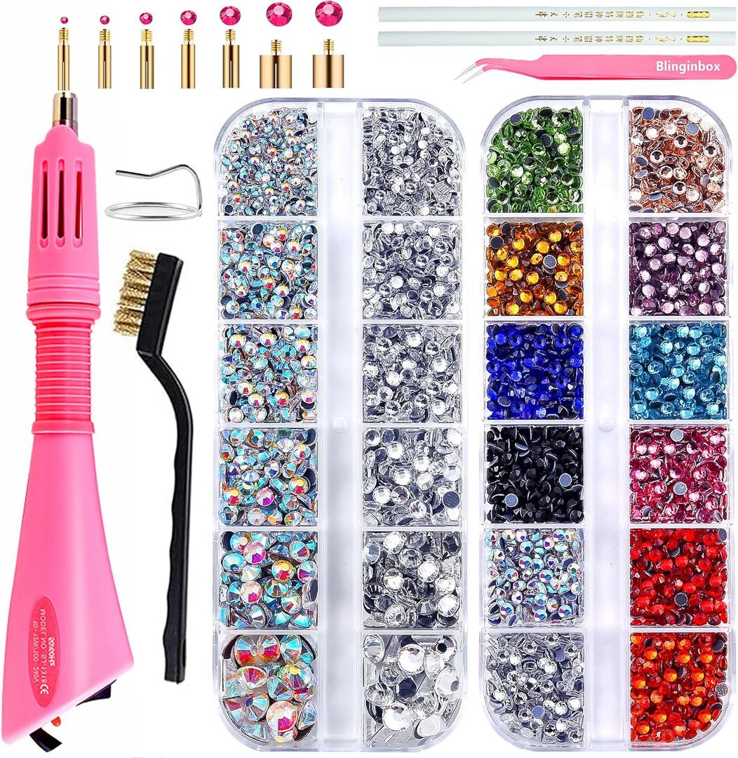 blinginbox Hotfix Rhinestone Setter Hot Fix Applicator Tool Bedazzler Kit with Rhinestones Hot Fixed Wand for Clothes Clothing Fabric DIY Crafts 4000 Pcs Round Crystals Gems for Shoes and Clothes