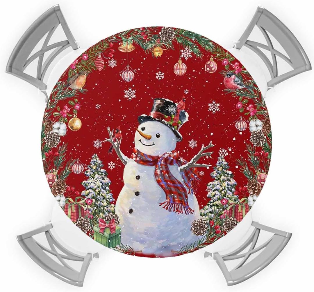 Christmas Round Fitted Tablecloth with Elastic Snowman Red Tablecloths Pine Cone Berry Wreath Table Cover for Kitchen Xmas Holiday Party Indoor Outdoor Waterproof Fits Tables up to 45"- 54" Diameter