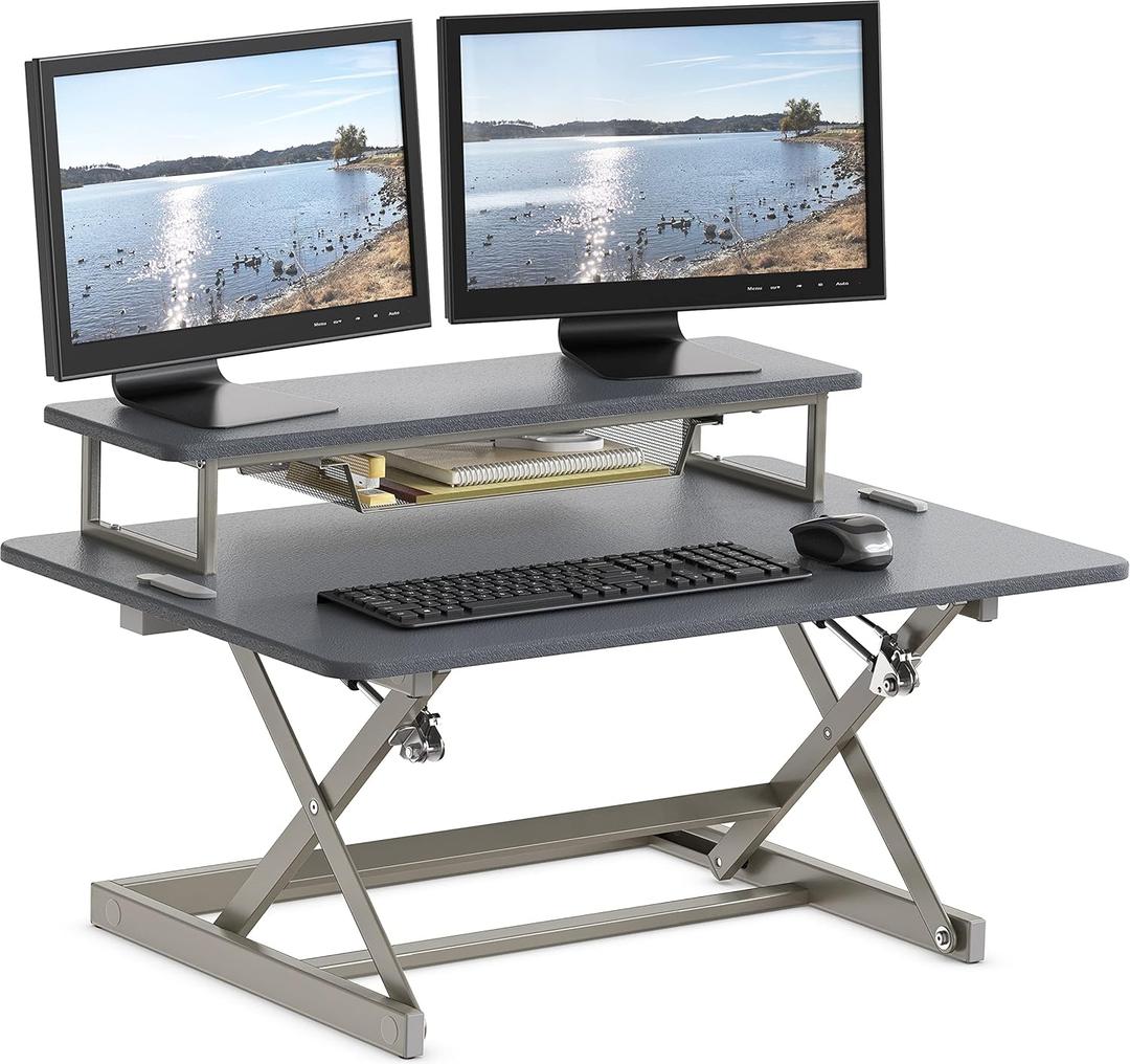 SHW 36-Inch Height Adjustable Standing Desk Converter Sit to Stand Riser Workstation, Gray (Grey)