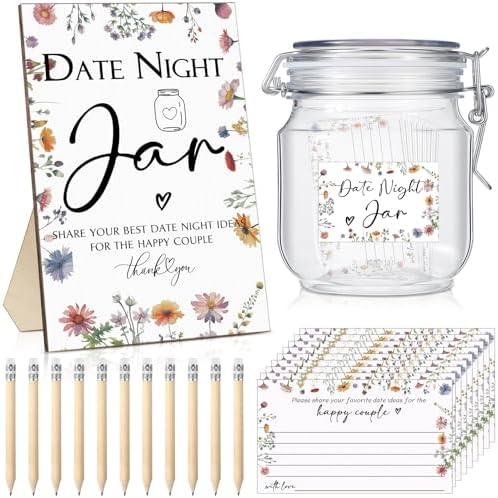 Geelin 114 Pcs Bridal Shower Games Include Date Night Jar Wooden Sign 100 Cards 10 HB Pencils 2 Stickers for Fresh off The Market Wedding Reception Games Date Idea Party Favors Decoration(Wildflower)