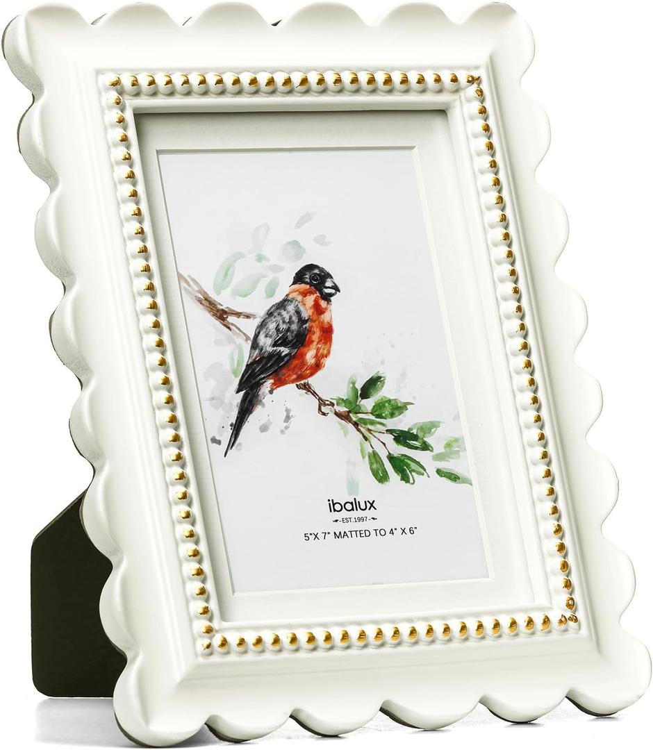 5x7 Off-White Scalloped Picture Frame with Gold Beaded Trim, Resin with Real Glass, Matted to 4x6, Vertical and Horizontal for Tabletop or Wall Hanging