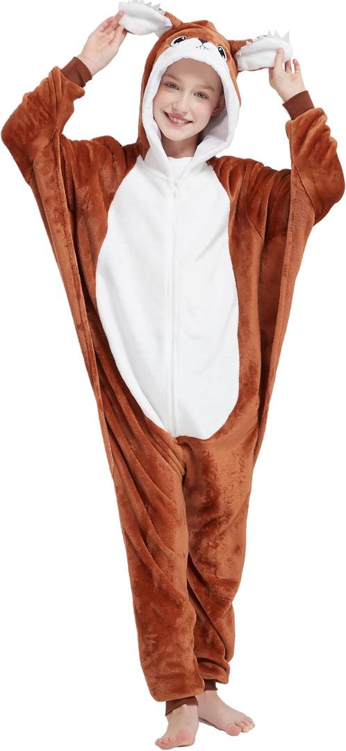 Flying Squirrel Onesie Kids Plush Animal Costume One Piece Pajamas Girls Teen Halloween Cosplay Sleepwear (8-9 Years)