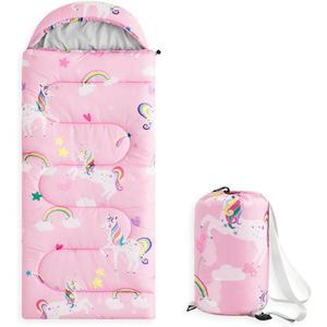 Wake In Cloud - Kids Sleeping Bag for Girls Toddlers, Camping in Warm Cold Weather, Backpacking Lightweight Compact Outdoor Liner for 3 Seasons Summer Spring Fall, Unicorn Rainbow Pink, Standard 61″x26″