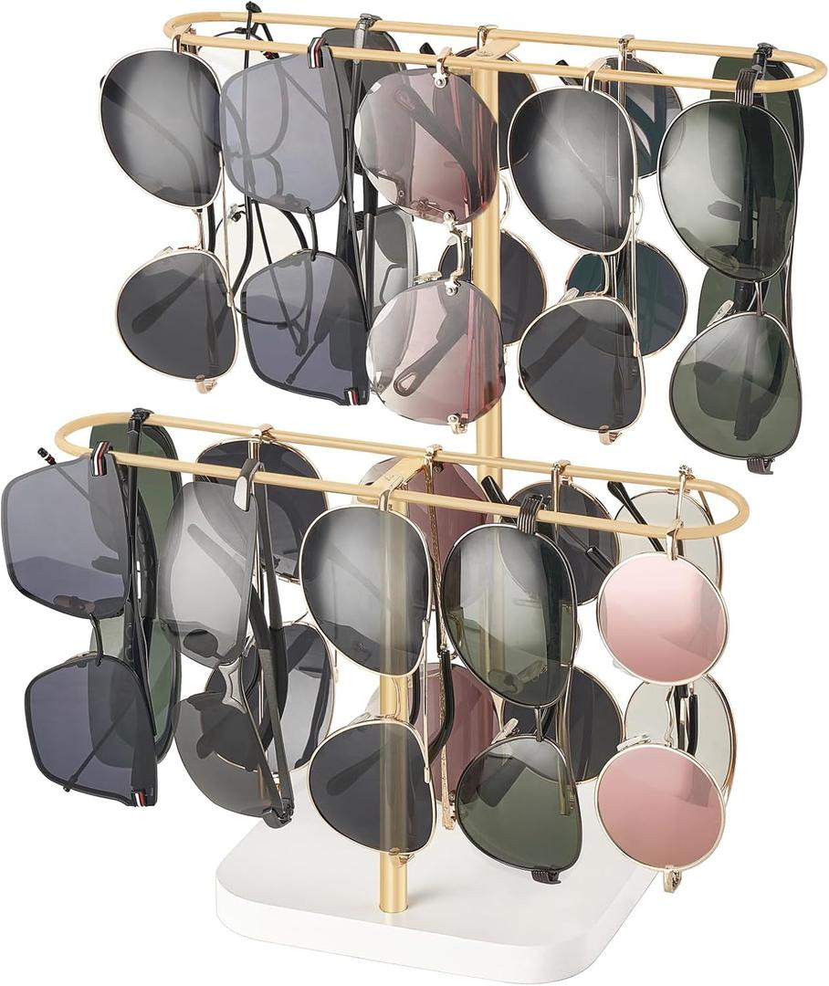 Mkono Sunglasses Organizer Glasses Holder Stand for 24 Pairs of Eyewear, 2 Tier Sunglass Storage Eyeglasses Display Rack Metal Frame with Wood Base for Table Desk Countertop Dresser Bedroom, Gold