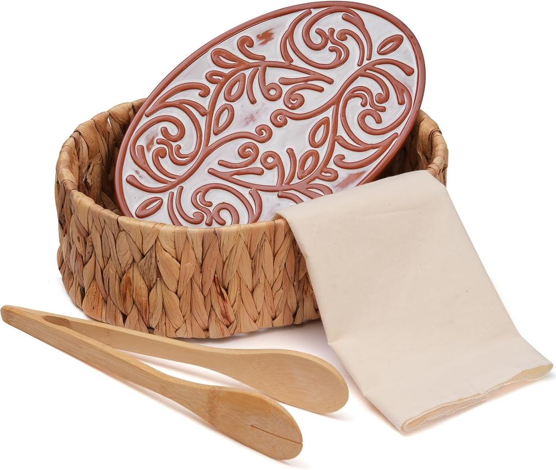 Bread Warmer Basket with Stone - Includes Linen Towel and Clips,Bread Baskets for Serving Tortilla,Sourdough,Terracotta Loaf Warmer Gifts for Hostess Gifts New Home,Sourdough Bakers,Mom Dad Birthday