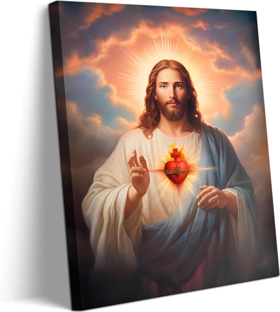 Sacred Heart of Jesus Wall Art Picture Divine Mercy Picture Canvas Wall Decor Christian Religious Christ Jesus Portrait Poster Prints Artwork for Living Room Bedroom Room Office Home Decoration 16"L x 24"W