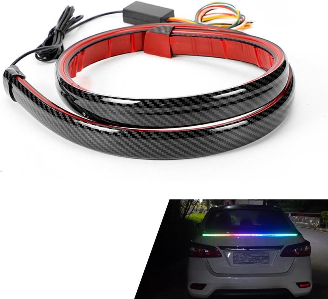 Car Light Up Spoiler, Carbon Fiber Streamer Colorful LED Tail Light Strip, 12V Self-Adhesive Rear Roof Spoiler Strip Lights with Turn Signal Reversing Brake Light, Exterior Modified for Cars