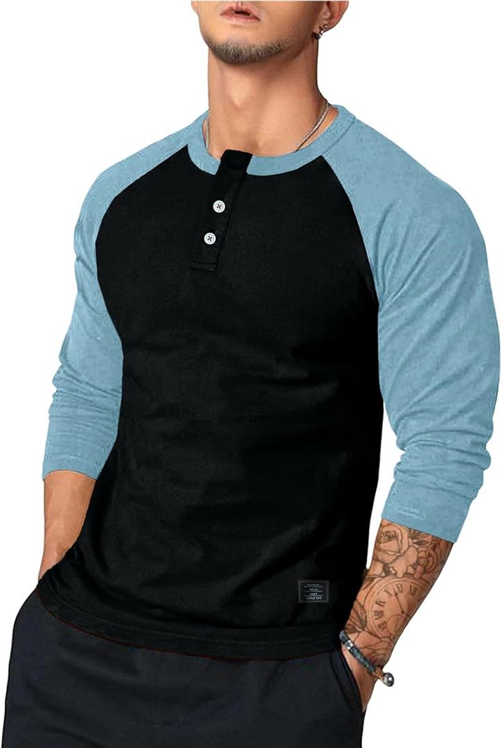 Dokotoo Men Men's Henley Shirt Fall Crewneck Color Block Slim Fit Long Sleeve T Shirts Button Up Tees (Black, M)