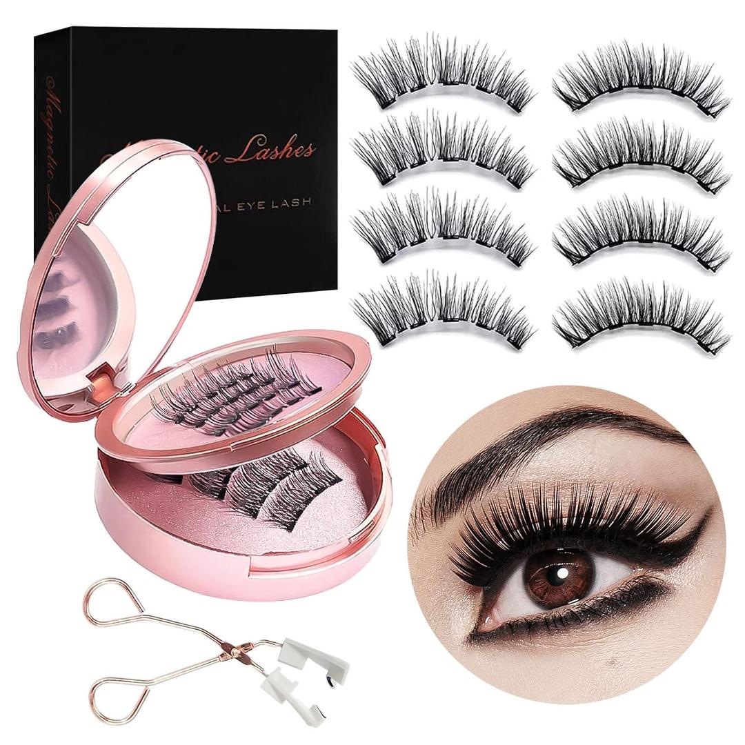 Magnetic Eyelashes with Applicator, Natural Look Dual Magnetic False Lashes No Glue No Eyeliner Needed, Reusable Lightweight 3D Fake Eyelashes Kit for Daily Makeup, 4 Pairs Black Eyelash Set