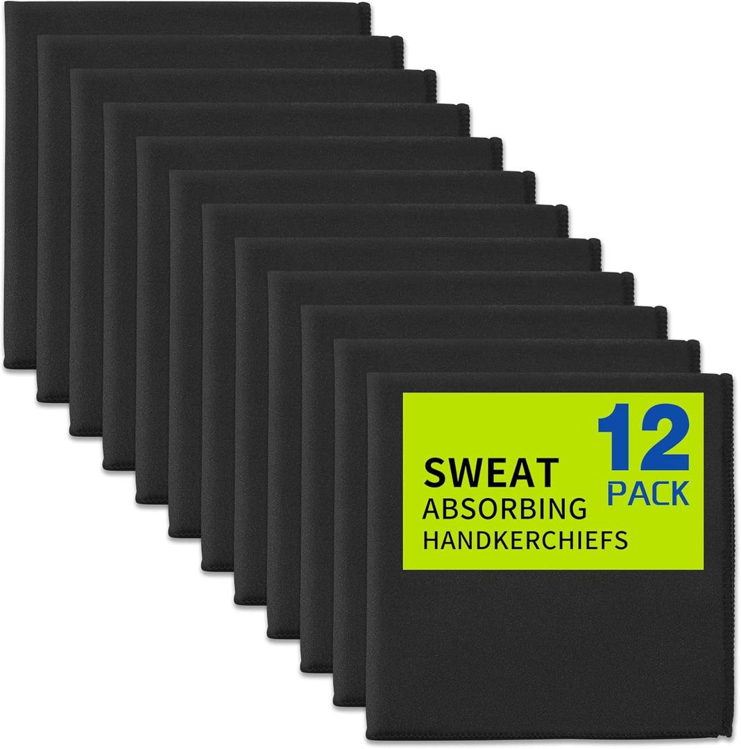 12 Pack Sweat Absorbing Handkerchiefs,Microfiber Sweat Rags Towels for Men & Women,Small Sweat Cloth for Hand,Hankies (10" x 10", Classic Black)
