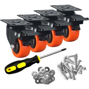 2" Caster Wheels Set of 4, Heavy Duty Casters with Brake, No Noise Locking Casters with Orange Polyurethane (PU) Wheels, Swivel Plate Castors Pack of 4