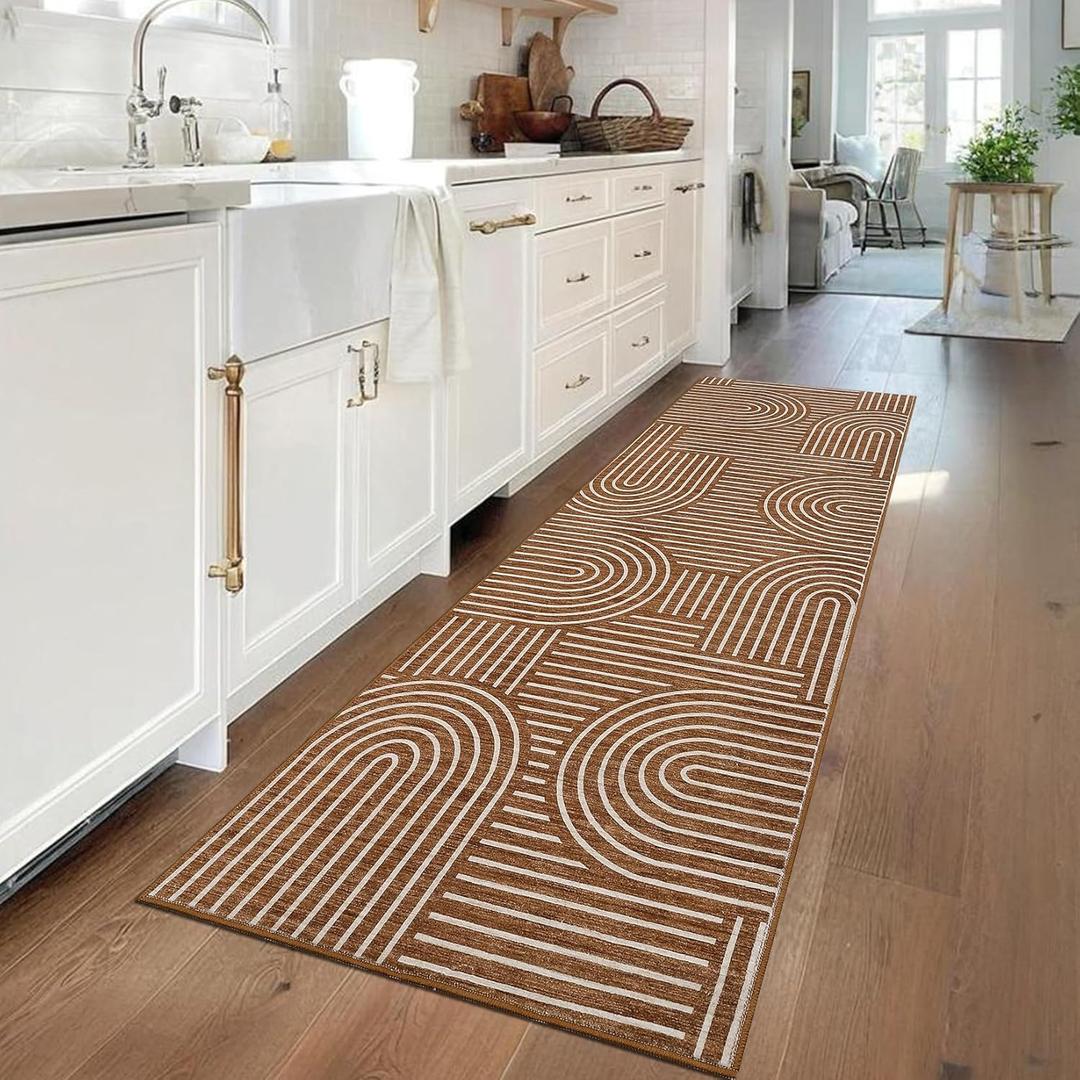 ROYHOME Modern Rug 2.5x8 Runners for Hallways, Abstract Kitchen Runner Rugs Non Slip Bath Runners, Rainbow Washable Runner Rug for Bedroom, Soft Long Rugs for Entryway Bathroom Laundry Dorm, Copper