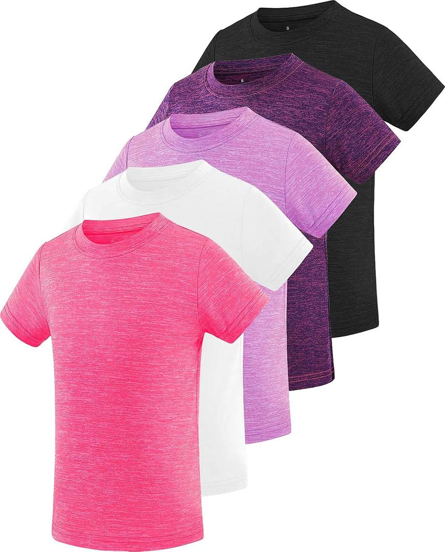 Star Vibe 5 Pack Girl's Shirts Athletic Short Sleeve Dry-Fit T-Shirts Crew Neck Active Sports Tops for Kids Teen 5-14 Years Black/Dark Purple/Purple/White/Rose XL