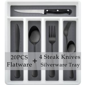 HaWare 24-Piece Silverware Set with Flatware Drawer Organizer, Stainless Steel Cutlery with 4 Steak Knives, Eating Utensils Service for 4, Mirror Polished, Dishwasher Safe-Black