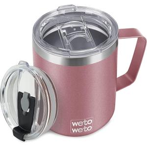 WETOWETO Coffee Mug with Handle, 14oz Insulated Stainless Steel Coffee Travel Mug, Double Wall Vacuum Reusable Coffee Cup with Lid, Powder Coated Rose Gold