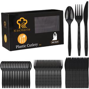 Kochorie 360 Pieces Black Plastic Cutlery Set Disposable Plastic Utensils Heavy Duty Flatware Set Includes 120 Knives 120 Forks 120 Spoons for Party Birthday