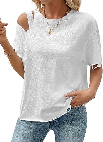 SOFIA'S CHOICE Women Distressed Short Sleeve T Shirts Loose Fit Casual Summer Ripped Tee Top White Small (White, S)