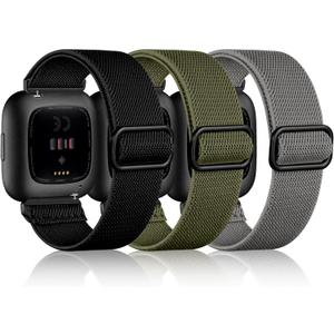 Maledan 3 Pack Stretchy Solo Loop Compatible with Fitbit Versa 2 Bands Women Men, Soft Nylon Sport Replacement Versa 2 Watch Band for Fitbit Versa 2/Versa Lite, Black/Green/Gray